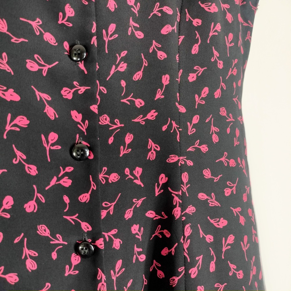Rena Rowan Y2K 90s Black Pink Floral Dress; Sleeveless Button Down Midi - Picture 6 of 7
